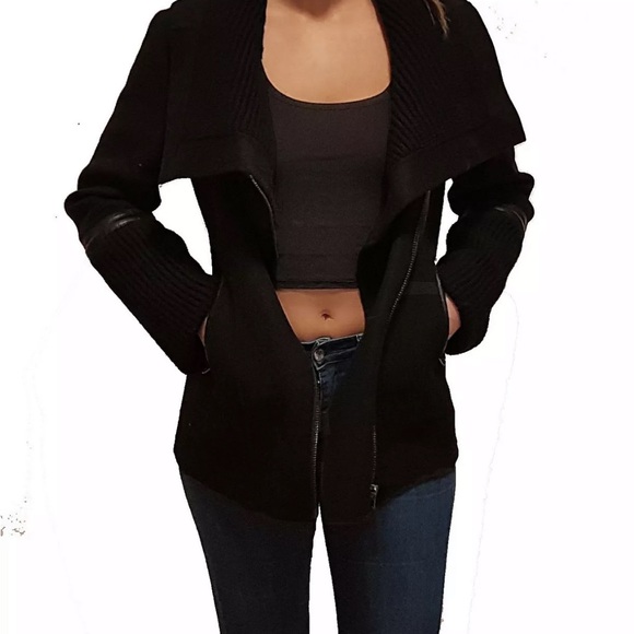 Mackage black wool fitted jacket with leather strip details. - Picture 1 of 4